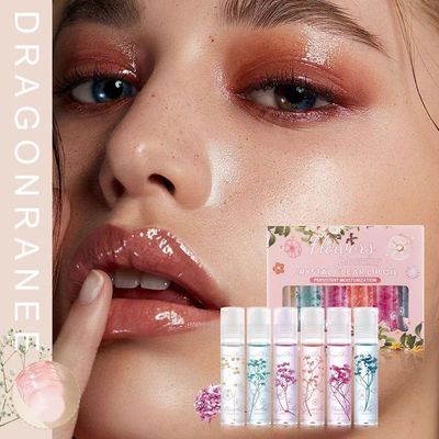 Petansy Flower Jelly Lip Oil Set 6 Packs Moisturizer Long Lasting Roll On Lip Gloss Set with Real Flowers Glossy Lip Make-up for Dry and Chapped Lips