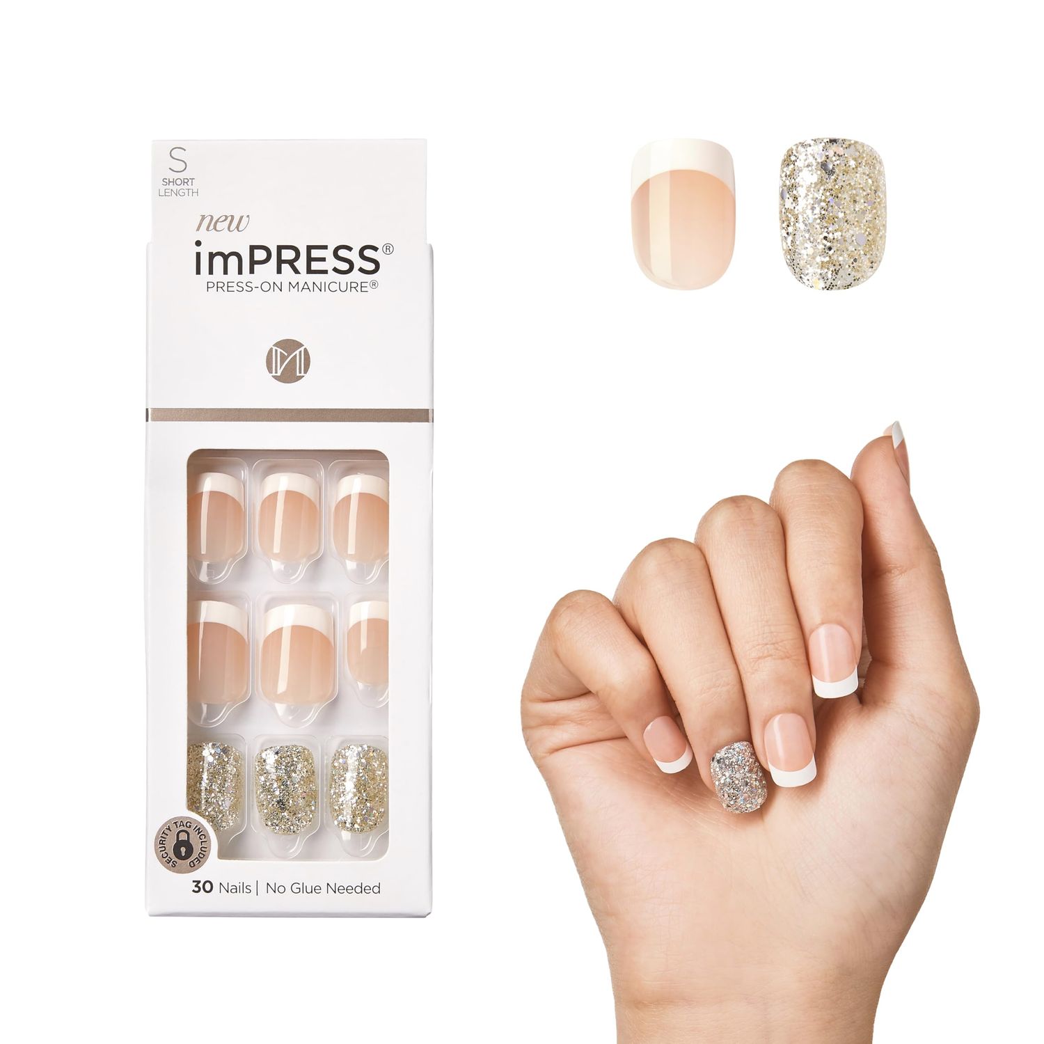 KISS imPRESS Press-On Manicure, Nail Kit, PureFit Technology, Short Press-On Nails, &#39;Time Slip&#39;, Includes Prep Pad, Mini Nail File, Cuticle Stick, and 30 Fake Nails