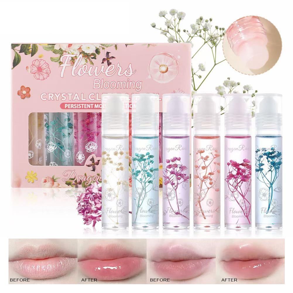 Petansy Flower Jelly Lip Oil Set 6 Packs Moisturizer Long Lasting Roll On Lip Gloss Set with Real Flowers Glossy Lip Make-up for Dry and Chapped Lips