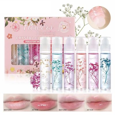 Petansy Flower Jelly Lip Oil Set 6 Packs Moisturizer Long Lasting Roll On Lip Gloss Set with Real Flowers Glossy Lip Make-up for Dry and Chapped Lips