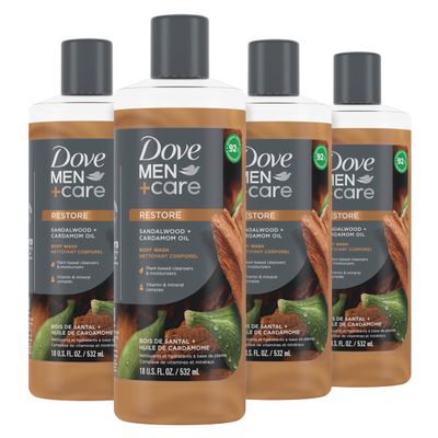 Dove MenCare Body Wash Sandalwood  Cardamom Oil 4 Count to Rebuild Skin in the Shower with Plant-Based Cleansers and Moisturizers 18 oz