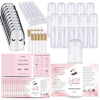 60PCS Lash Shampoo Bottles and Brushes Set, 10pcs Foam Pump Dispenser, Lash Cleaning Brush, Eyelash Extension Tube Brush, Instructions Cards, Bags, Lash Shampoo Stickers for Business Clients (B-white)