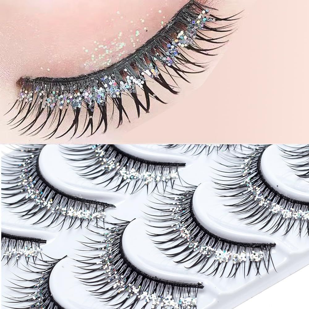 Rneracle Sparkling Glitter Sequins Lashes - 5 Pairs of Lash Extension, Natural Wispy False Eyelashes for Eye Enhancement, Individual Natural Lashs, For a dramatic look - Perfect for Anyone !