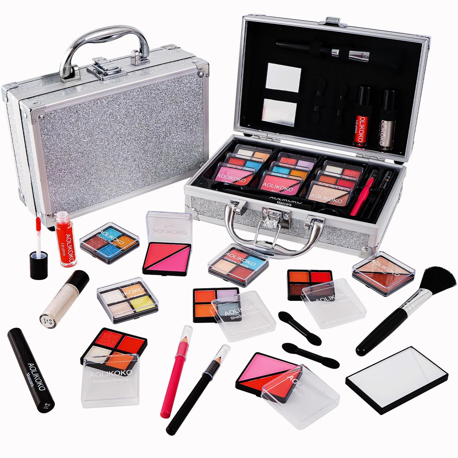 AOLIKOKO Makeup Kit for Teenager &amp; Women Full Kit, All in One Makeup Set With The Small Cosmetic Train Case, Professional Makeup Kit, Makeup Gift Set for Women Girls (silver)