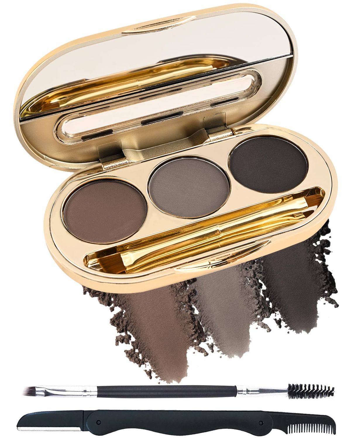 Eyebrow Powder Makeup Kit-3 Colors Eye Brow Tinting Powder Palette for Women Eyebrows Long-Lasting Waterproof, Dark Grey Black Brown Brow Filler, Enhance &amp; Define Brows, With Mirror, Brow Tool -Set 02