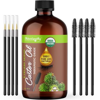 Naturopathy Castor Oil 4oz USDA Organic, 100% Pure, Cold Pressed, Hexane Free. Stimulate Growth for Eyelashes, Eyebrows, Hair, Eyelash Growth Serum. FREE Mascara Starter Kit. Brow Treatment.