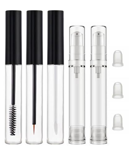Uadbau 3 Pack 10ml Clear Mascara Tube with Wand, Empty Eyeliner Tube and Empty Lip Gloss Tubes, Premium Eyelash Cream Container Bottle with Leak Stoppers, 2 Pack 10ml Airless Pump Bottles - (5 Pack)