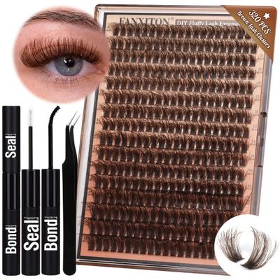 Brown Lash Clusters 320 Pcs Lash Extension Kit Fluffy DIY Eyelash Extensions Kit Natural Look Cluster Lashes D Curl 8-16 MM Mixed Lash Bond and Seal Lash Tweezers for Lash Clusters Kit DIY at Home