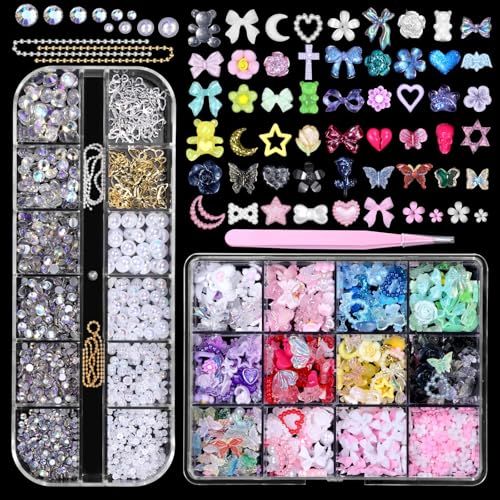 3D Nail Charms Set, Color Butterfly Blossom Flower Bow Moon Heart Star Nail Art Charms, Half Round PearlFlatback Gems ABHollow Butterfly Alloy Nail Charms DIY Nail Art Supplies Accessories