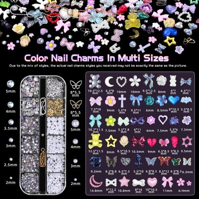 3D Nail Charms Set, Color Butterfly Blossom Flower Bow Moon Heart Star Nail Art Charms, Half Round PearlFlatback Gems ABHollow Butterfly Alloy Nail Charms DIY Nail Art Supplies Accessories