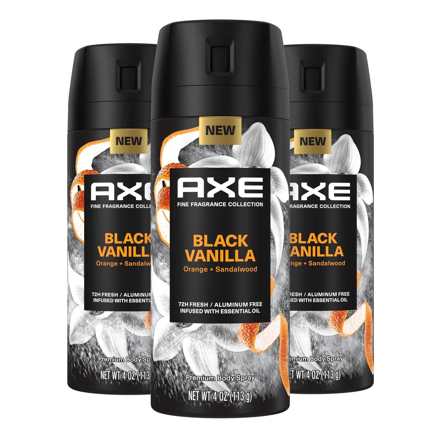 Axe Fine Fragrance Collection Premium Body Spray Black Vanilla with Orange  Sandalwood 3 Count with 72H Odor Protection Aluminum-Free 4 oz