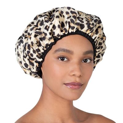 Reusable Nylon Shower Cap &amp; Bath Cap, Reversible Oversized Waterproof Shower Caps Large Designed for all Hair Lengths w Terry Lining &amp; Elastic Band Stretch Hem Hair Hat - Socialite Safari Spots