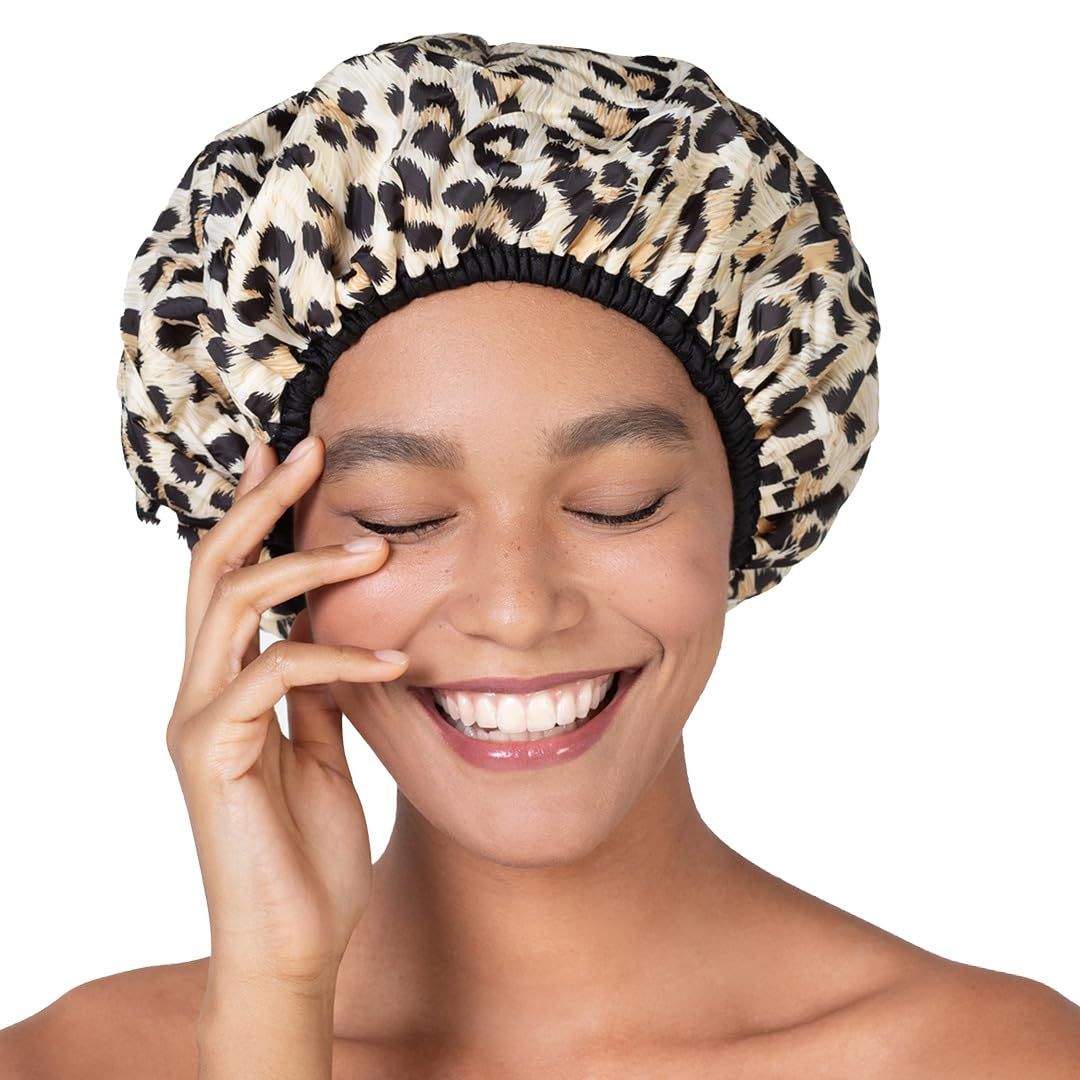 Reusable Nylon Shower Cap &amp; Bath Cap, Reversible Oversized Waterproof Shower Caps Large Designed for all Hair Lengths w Terry Lining &amp; Elastic Band Stretch Hem Hair Hat - Socialite Safari Spots
