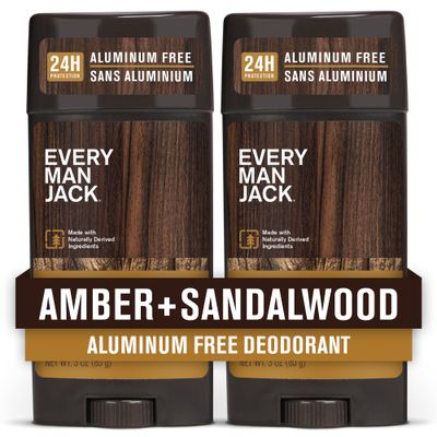 Every Man Jack Amber  Sandalwood Mens Deodorant - Stay Fresh with Aluminum Free Deodorant For all Skin Types - Odor Crushing, Long Lasting, with Naturally Derived Ingredients - 3oz (2 Pack)