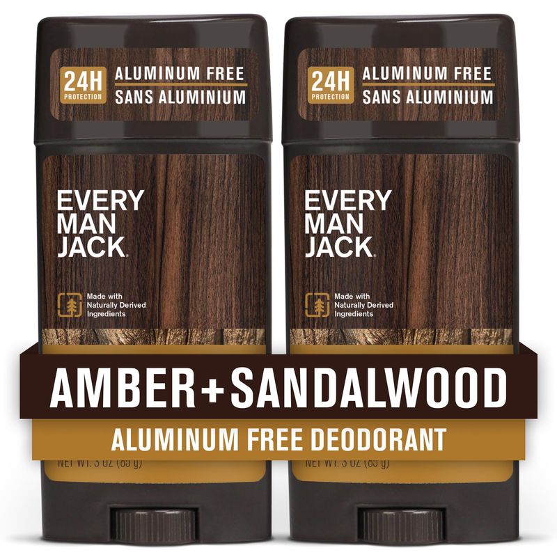 Every Man Jack Amber  Sandalwood Mens Deodorant - Stay Fresh with Aluminum Free Deodorant For all Skin Types - Odor Crushing, Long Lasting, with Naturally Derived Ingredients - 3oz (2 Pack)