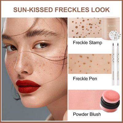 Erinde Natural Freckle Blush Makeup Kit - Liquid Freckle Pen &amp; Fake Freckles Stamp Air Cushion &amp; Powder Cushion Blush, Long Lasting Waterproof Freckles Tattoo Marker for Natural Sunkissed Makeup