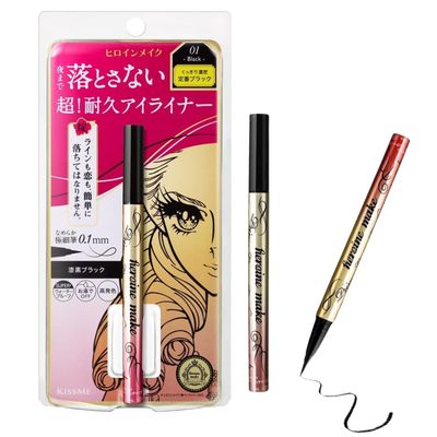 Heroine Make by KISSME Prime Liquid Waterproof Eyeliner for Woman and Sensitive Eyes, Long-lasting &amp; Ultra Thin Tip for Precise Japanese Eye Makeup 01 Jet Black 0.4mL0.01 Fl Oz