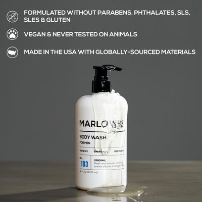 MARLOWE. No. 103 Mens Body Wash 16 oz, Energizing and Refreshing with Moisturizing Natural Willow Bark & Green Tea Extracts, Fresh Pine & Agarwood Scent