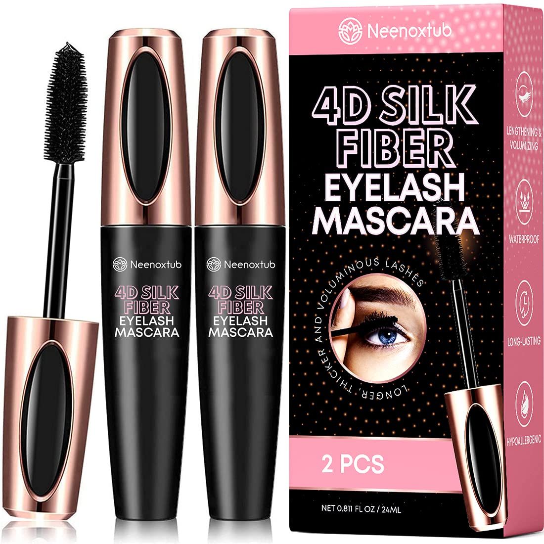 Neenoxtub 4D Silk Fiber Lash Mascara, Lengthening and Thick, Long Lasting, Waterproof &amp; Smudge-Proof, Hypoallergenic Formula 2 Pack Black