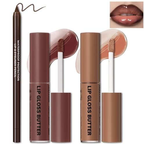 HOSAILY 2 Colors Butter Gloss Hydration Non-Sticky Plumping Lip Gloss for Women Natural Nude Tinted Lip Glow Oil Moisturizing Lightweight Long Lasting High Shine Liquid Lipstick with Lip Liner Combo