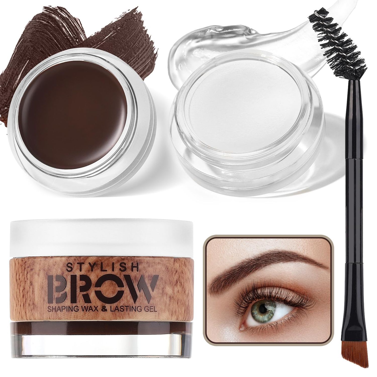 2 in 1 Makeup Kit with Eyebrow Gel,Shaping Wax &amp; Duo Brush, Waterproof Dark Brown Pomade for Fill and Detail Brows, Clear Brow Styling Gel Lift for Fluffy Feathery Brow Breeze