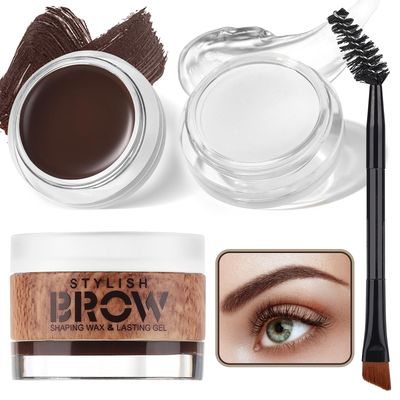 2 in 1 Makeup Kit with Eyebrow Gel,Shaping Wax &amp; Duo Brush, Waterproof Dark Brown Pomade for Fill and Detail Brows, Clear Brow Styling Gel Lift for Fluffy Feathery Brow Breeze