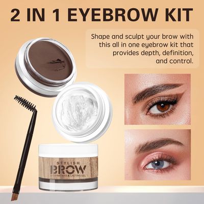 2 in 1 Makeup Kit with Eyebrow Gel,Shaping Wax & Duo Brush, Waterproof Dark Brown Pomade for Fill and Detail Brows, Clear Brow Styling Gel Lift for Fluffy Feathery Brow Breeze