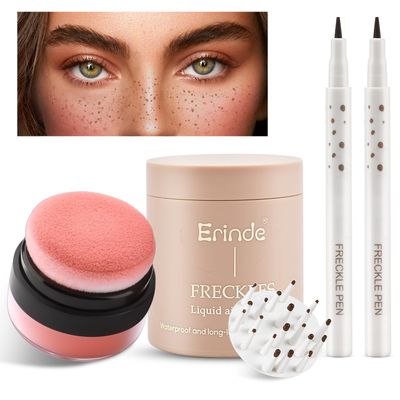 Erinde Natural Freckle Blush Makeup Kit - Liquid Freckle Pen &amp; Fake Freckles Stamp Air Cushion &amp; Powder Cushion Blush, Long Lasting Waterproof Freckles Tattoo Marker for Natural Sunkissed Makeup