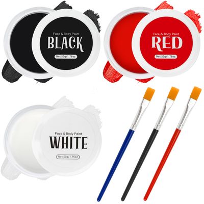 TonJin Black  White  Red Face Body Paint Set 5.28oz,Non-Toxic Professional Paint Palette Kit with 3 Brushes for Kids &amp; Adults Art Theater Halloween Party Cosplay Clown Corpse Paint SFX Makeup