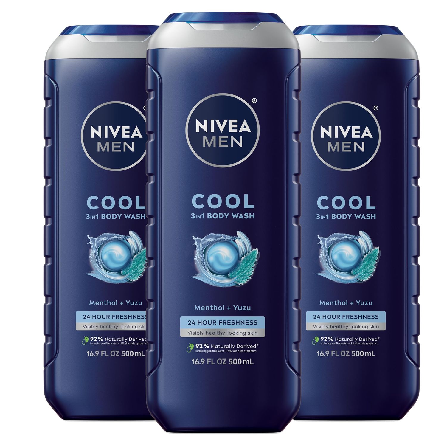 Nivea Men Cool Body Wash with Icy Menthol, Scented Body Wash for Men, Free of Parabens, Phthalates and Microplastic Particles, 3 Pack of 16.9 Fl Oz Bottles