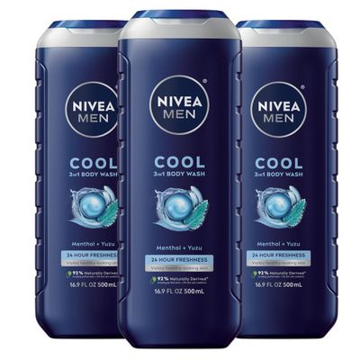 Nivea Men Cool Body Wash with Icy Menthol, Scented Body Wash for Men, Free of Parabens, Phthalates and Microplastic Particles, 3 Pack of 16.9 Fl Oz Bottles