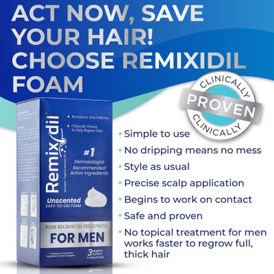 Remixidil Mens 5% Minoxidil Foam | Hair Regrowth Treatment for Men | Clinically Proven Formula for Hair Loss and Hair Growth | No Scalp Irritation | 3-Month Supply