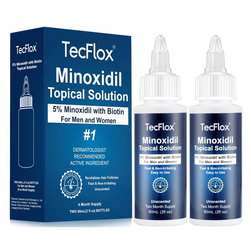 5% Minoxidil for Men &amp; Women Hair with Biotin, Minoxidil for Men Beard,Tecflox Minoxidil Beard Growth Oil, Minoxidil Hair Growth Serum, 2-Pack, Total 4fl oz for 4 Months, Hair Growth Oil Unisex