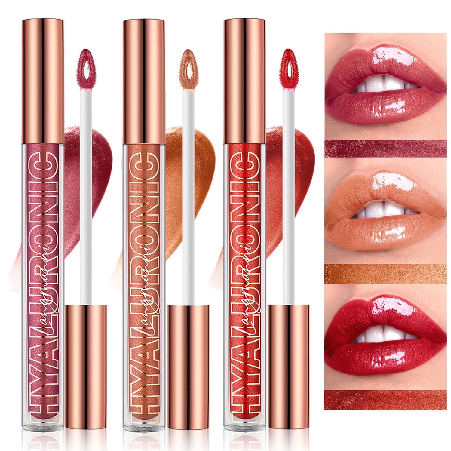 LANGMANNI Hyaluronic Acid Lip Gloss Set(3Pcs),Shimmer &amp; Long Lasting Smooth Texture Gloss For Lips Plumping,Moisturizing And Brightening. 0.1ozpc (#4#5#6)