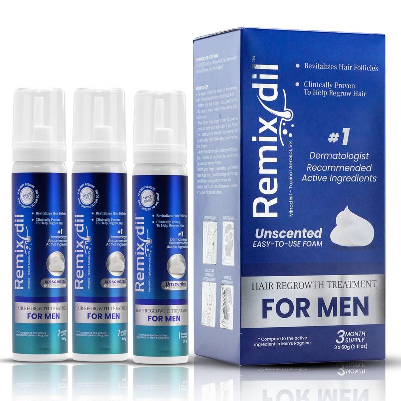 Remixidil Mens 5% Minoxidil Foam | Hair Regrowth Treatment for Men | Clinically Proven Formula for Hair Loss and Hair Growth | No Scalp Irritation | 3-Month Supply