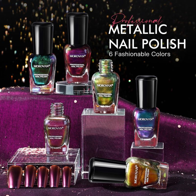 Morovan Fingernail Nail Polish Set Holographic Metallic Lacquer Air Dry Nail Polish Regular Nail Polish Pack 0.25oz Glitter Finger Nail Polish Bulk Toenail Polish Kit Gift for Women