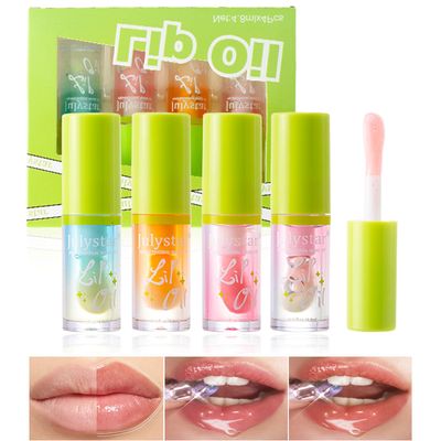 DENESTUP 4pcs Lip Oil, Nourishing Tinted Lip Gloss Lip Transparent Clear Moisturizing Fruit Flavoured Lip Oil Set Hydrating Shiny and Vegan Kid Friendly