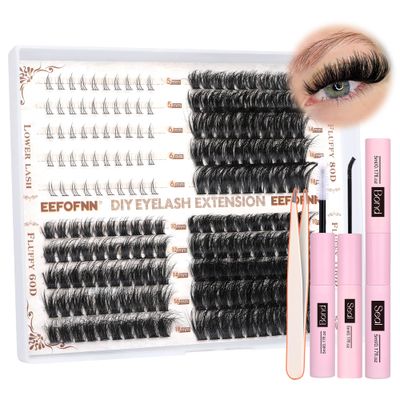 Eefofnn Fluffy Lash Clusters Kit Eyelash Extension Kit with Bottom Lashes D Curl Cluster Eyelash Extensions Kit Bond and Seal Tweezers DIY Lash Extension Kit (Bottom60D80D100D Lash Cluster Kit)