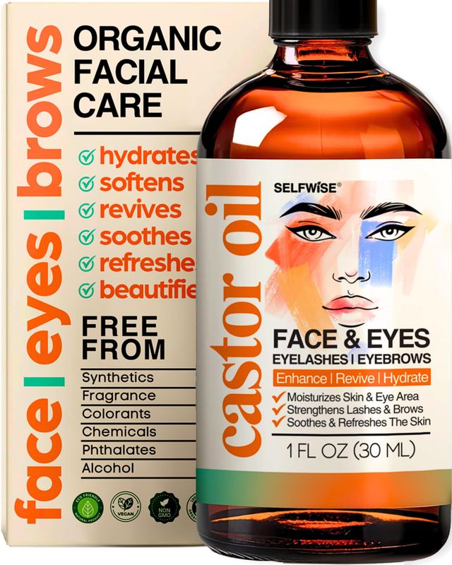 SELFWISE Organic Castor Oil Face Moisturizer for Eyelashes, Eyebrows, Wrinkles with Jojoba, Rosehip, Grapeseed, Squalane, Palmarosa, Bergamot, and Vitamin E, Skin Care for Oily, Dry Skin, 1oz