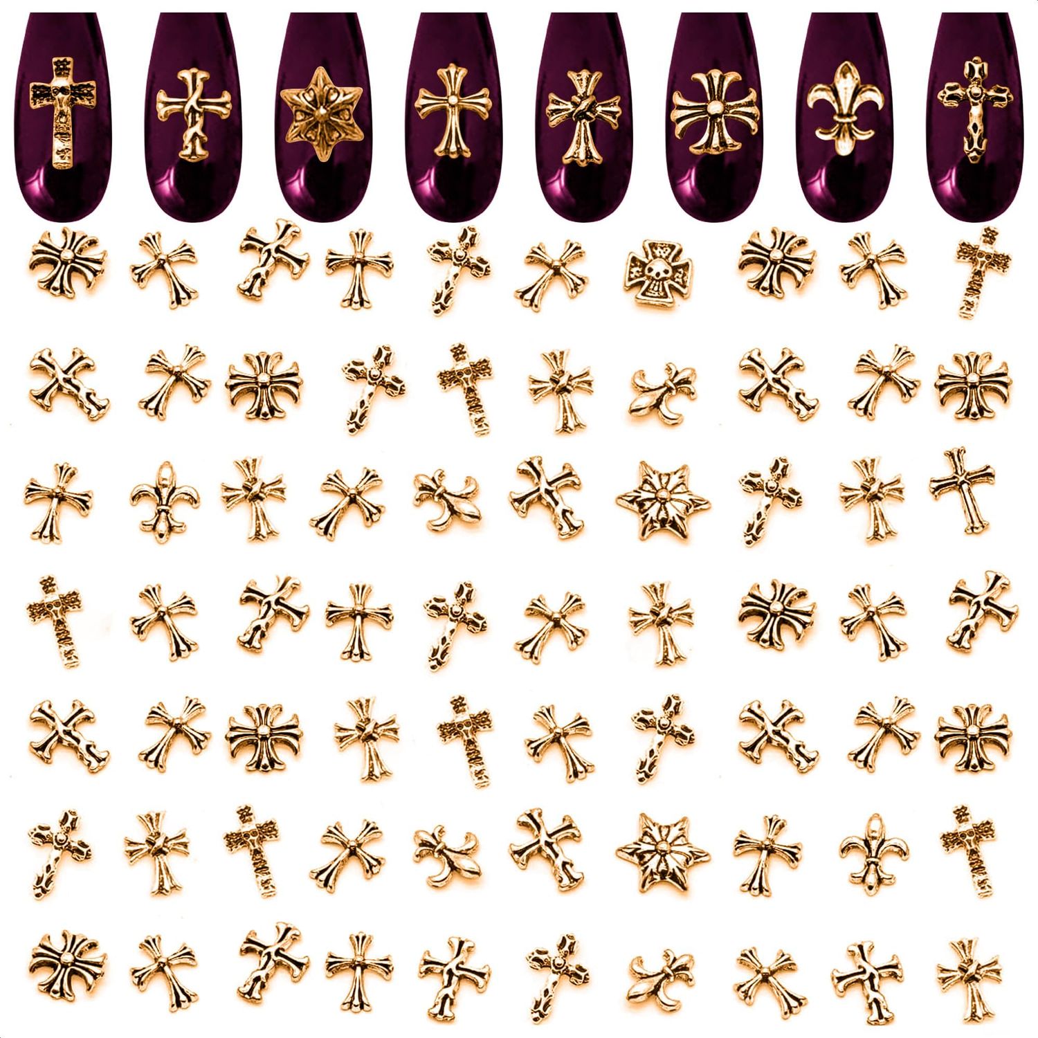 100 Pcs Gold Cross Nail Charms - Gold Charms for Nails Design 3D Nail Charms Gold Nail Charms Y2k Nail Cross Charms Gold Cross Charms for Nails - Nail Jewels for Nail Art Goth Nail Charms Cross