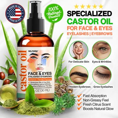 SELFWISE Organic Castor Oil Face Moisturizer for Eyelashes, Eyebrows, Wrinkles with Jojoba, Rosehip, Grapeseed, Squalane, Palmarosa, Bergamot, and Vitamin E, Skin Care for Oily, Dry Skin, 1oz