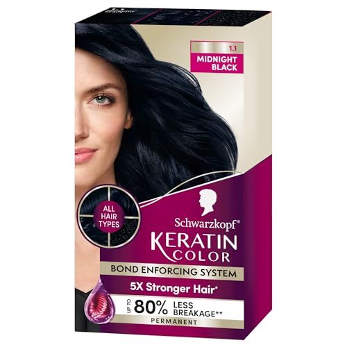 Schwarzkopf Keratin Color Permanent Hair Color, 1.1 Midnight Black, 1 Application-Professionally Inspired Permanent Hair Dye, for up to 80% Less Breakage vs Untreated Hair and up to 100% Gray Coverage