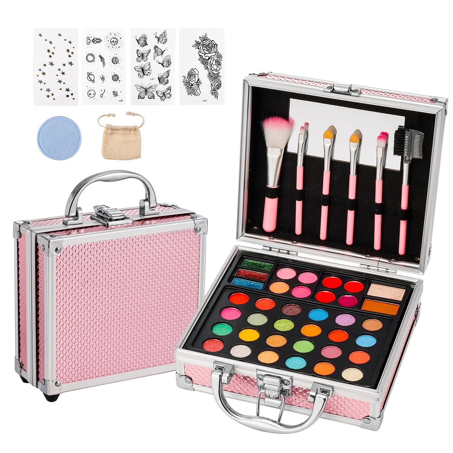 Anpro All-In-One Makeup Carry Case with Pro Teen Makeup Set, Full Starter Cosmetics Kit with Makeup Brushes, Eye Shadows Palette, Blushes, Glitter Gel, Temporary Tattoo Stickers - Pink