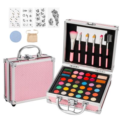 Anpro All-In-One Makeup Carry Case with Pro Teen Makeup Set, Full Starter Cosmetics Kit with Makeup Brushes, Eye Shadows Palette, Blushes, Glitter Gel, Temporary Tattoo Stickers - Pink