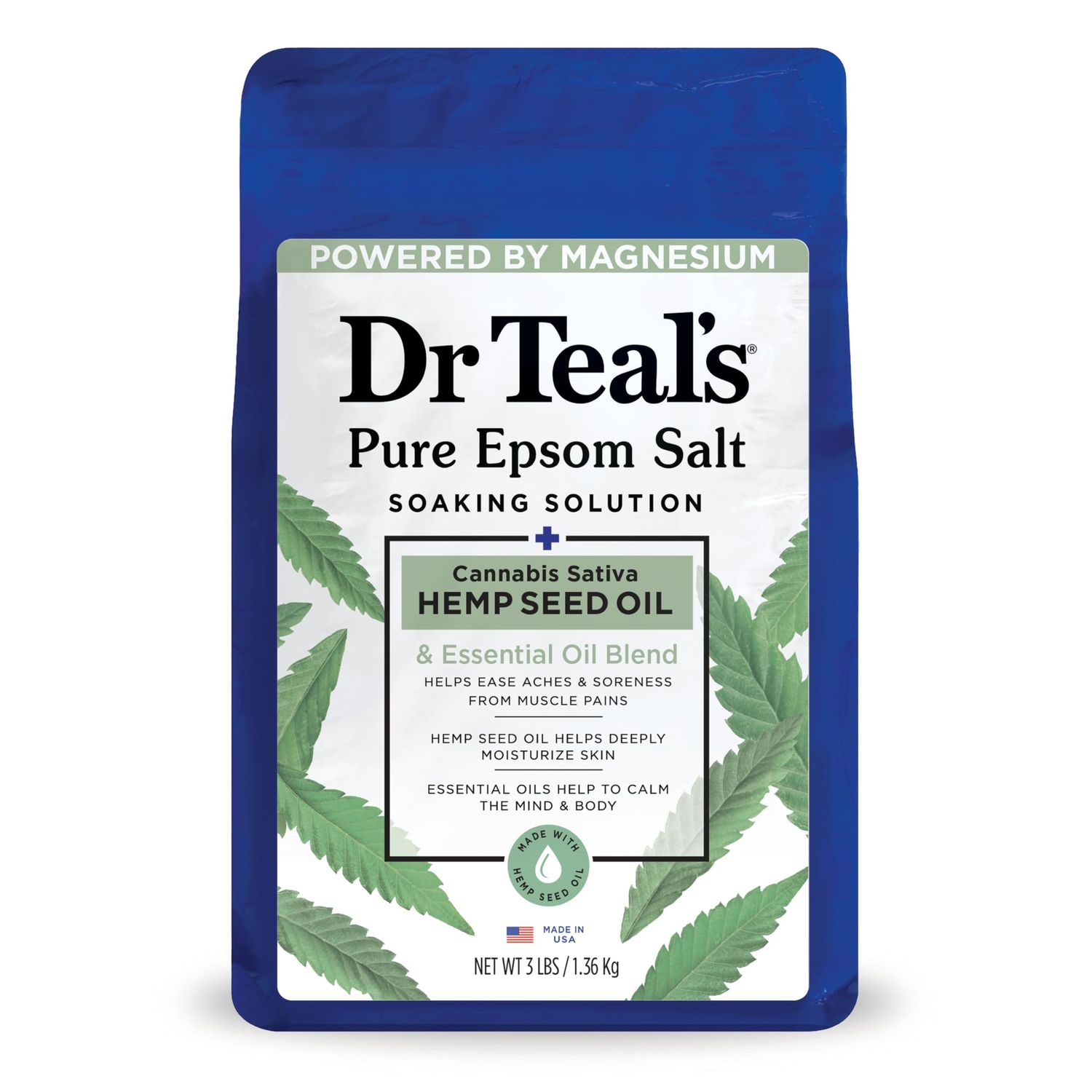 Dr Teal's Epsom Salt Magnesium Soak, Cannabis Sativa Hemp Seed Oil, 3 lbs