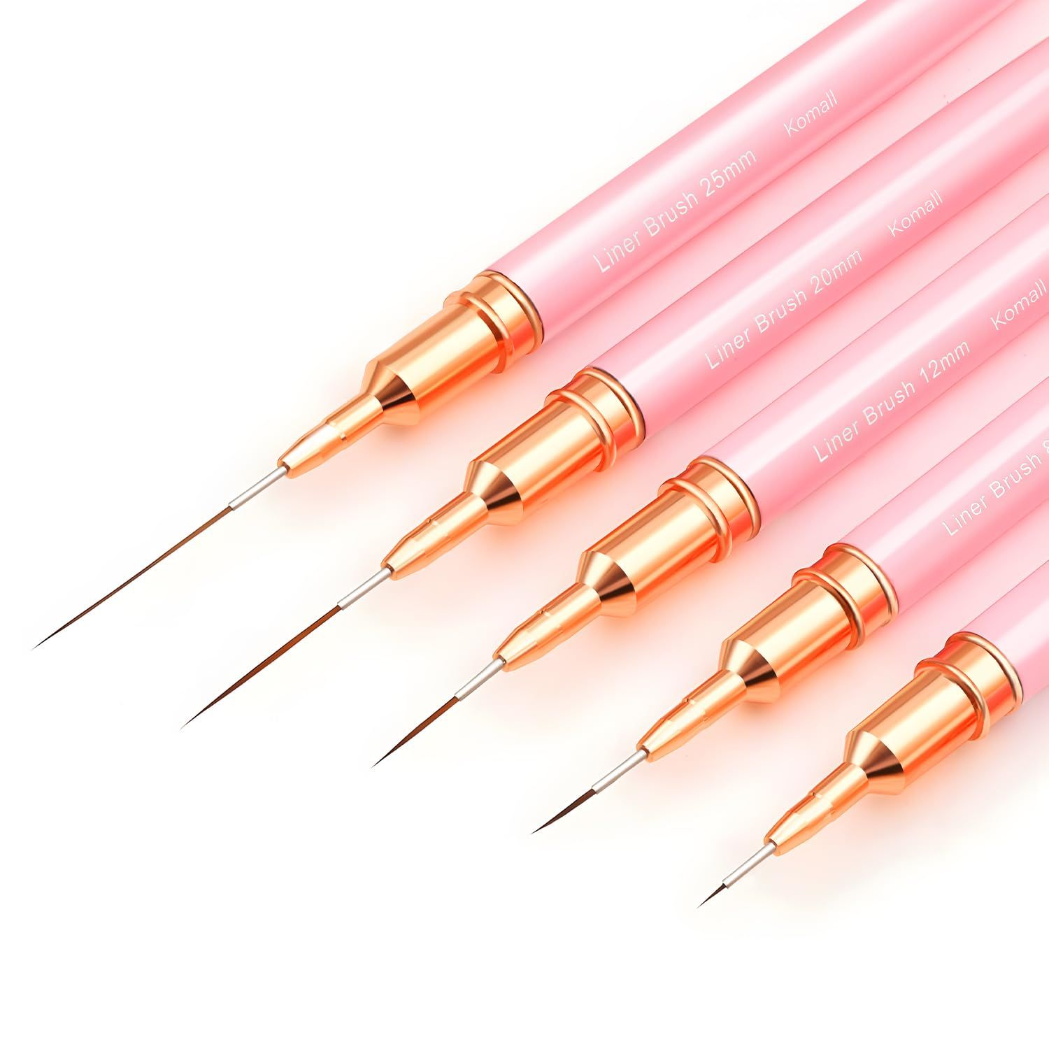 Komall Metallic Nail Art Brushes, 5Pcs Liner Brush Set, UV Gel Polish Painting Art Design Pen for Long Lines, Thin Details, Fine Drawing Sizes 48122025mm(Pink)