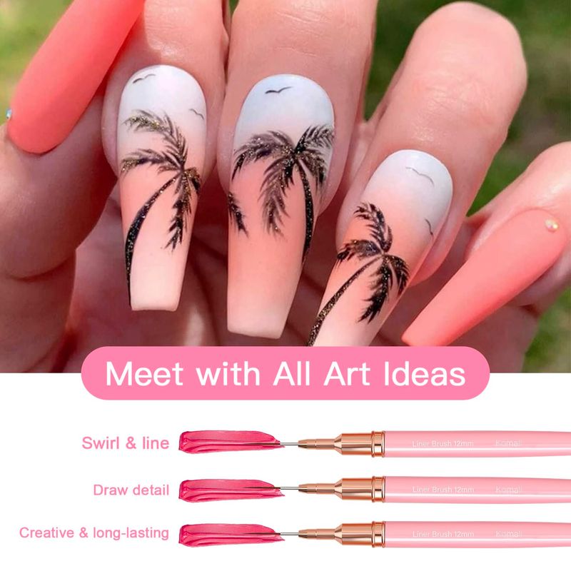 Komall Metallic Nail Art Brushes, 5Pcs Liner Brush Set, UV Gel Polish Painting Art Design Pen for Long Lines, Thin Details, Fine Drawing Sizes 48122025mm(Pink)