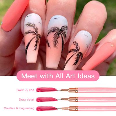 Komall Metallic Nail Art Brushes, 5Pcs Liner Brush Set, UV Gel Polish Painting Art Design Pen for Long Lines, Thin Details, Fine Drawing Sizes 48122025mm(Pink)
