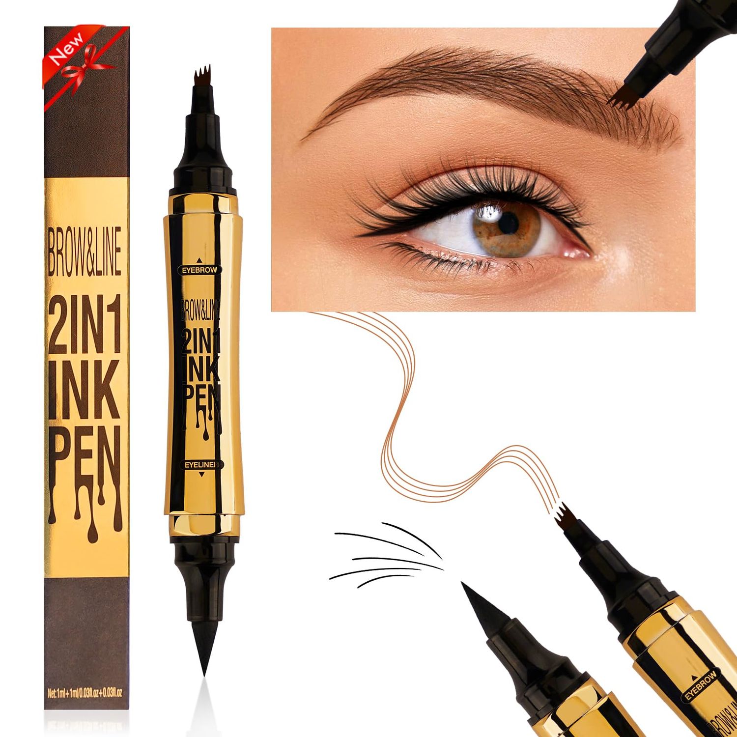 Microblading Eyebrow Pencil, Eyebrow &amp; Eyeliner 2-in-1 Dual-Ended Eyebrow Pen with 4-Prong Micro-Fork-Tip Applicator and No-Skip Eyeliner Creates Natural-Looking Brows, Stay on All Day (Light Brown)