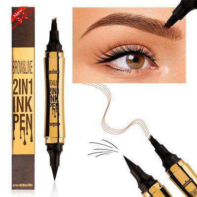 Microblading Eyebrow Pencil, Eyebrow &amp; Eyeliner 2-in-1 Dual-Ended Eyebrow Pen with 4-Prong Micro-Fork-Tip Applicator and No-Skip Eyeliner Creates Natural-Looking Brows, Stay on All Day (Light Brown)